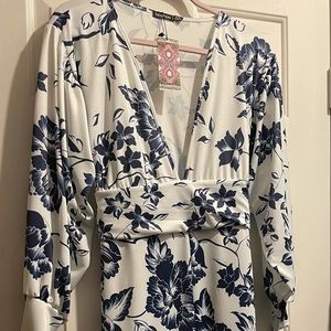 Floral print plunge tie waist midi dress